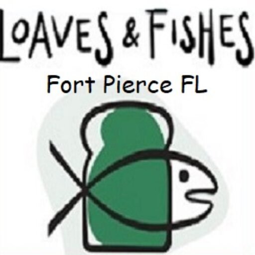 Loaves and Fishes logo states Loaves & Fishes Fort Pierce FL and LoavesAndFishesFP.org above and below the logo showing a slice of bread and the Christian symbol of a fish.